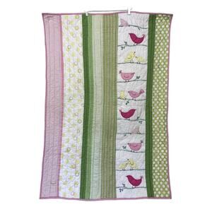Pottery Barn Penelope Baby Blanket Birds Pink Green Dot 50x35 Nursery Crib Quilt